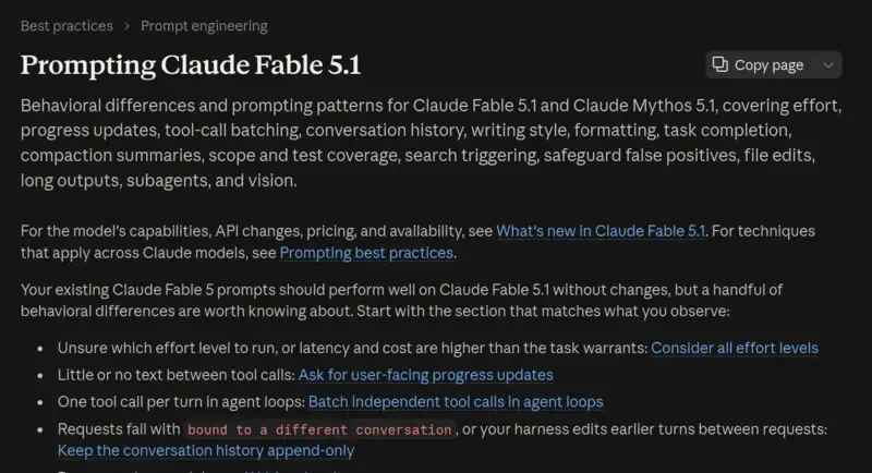 Anthropic 官方文件「Prompting Claude Fable 5.1」頁面,列出 16 個行為差異和對應的提示技巧