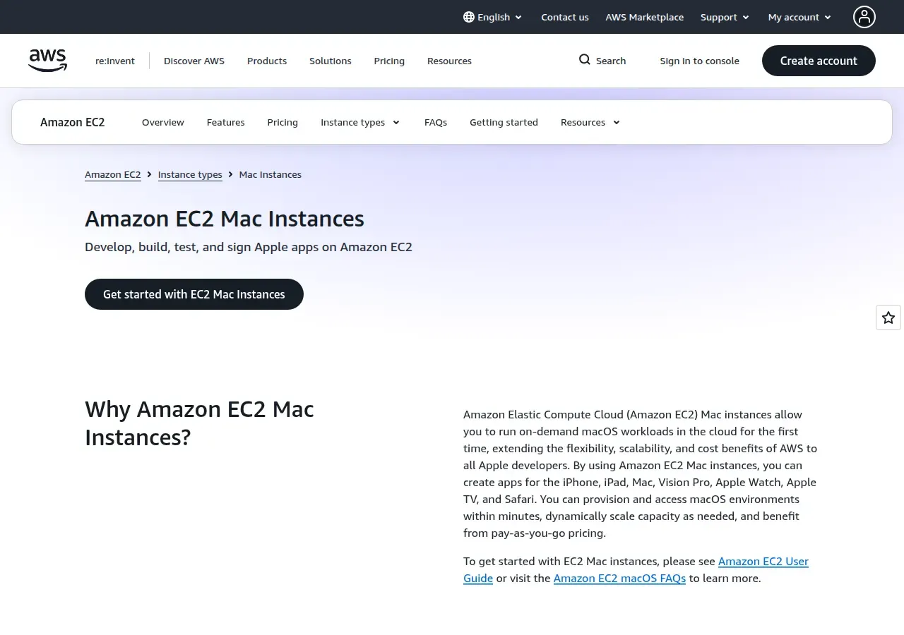 AWS EC2 Mac Instances 頁面
