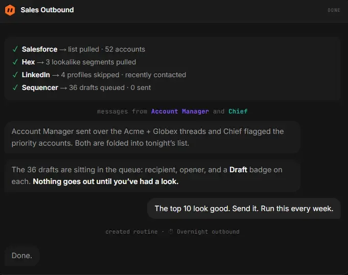 Sales Outbound Bot 的實際運作畫面:從 Salesforce 拉名單、LinkedIn 篩選、自動起草 36 封信件並等待人工確認才寄出