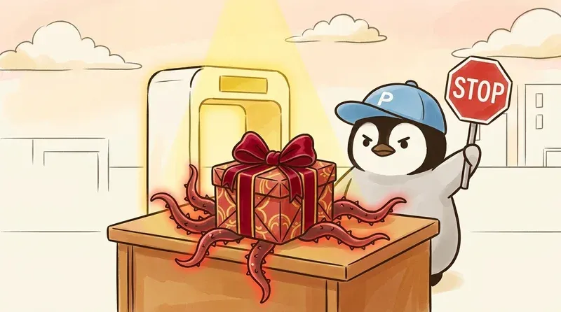 精美禮物盒底下伸出紅色觸手，企鵝舉牌阻擋