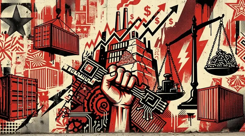 關稅與供應鏈主題插圖：紅米色壁畫風格，貨櫃、工廠、天平與電路板拳頭交錯，$ 符號與閃電點綴