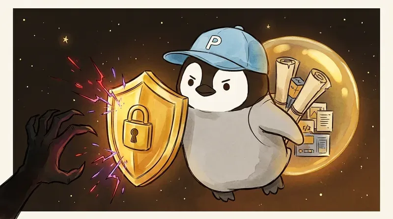 企鵝持盾保護重要檔案，金色力場擋住入侵