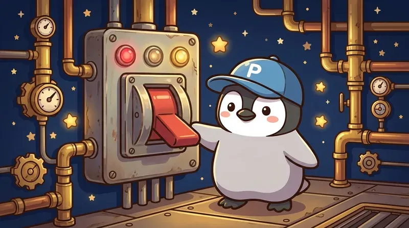 企鵝站在一個大型熔斷開關旁邊，表情謹慎但掌控全局