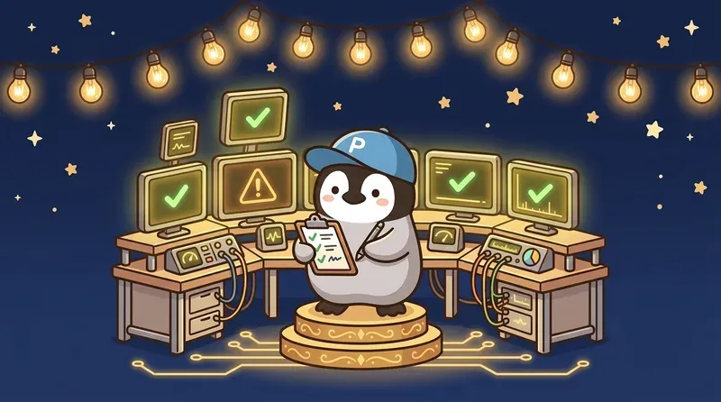 企鵝在監控站前檢查多個螢幕的健康狀態