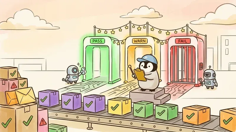 三個通道：綠色通行、琥珀色警告、紅色封鎖，企鵝當裁判