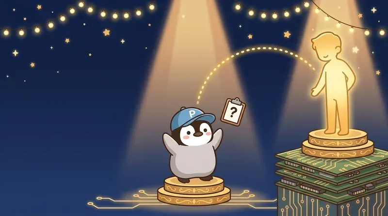 企鵝舉起翅膀向遠方的人類呼救，中間有金色虛線連接