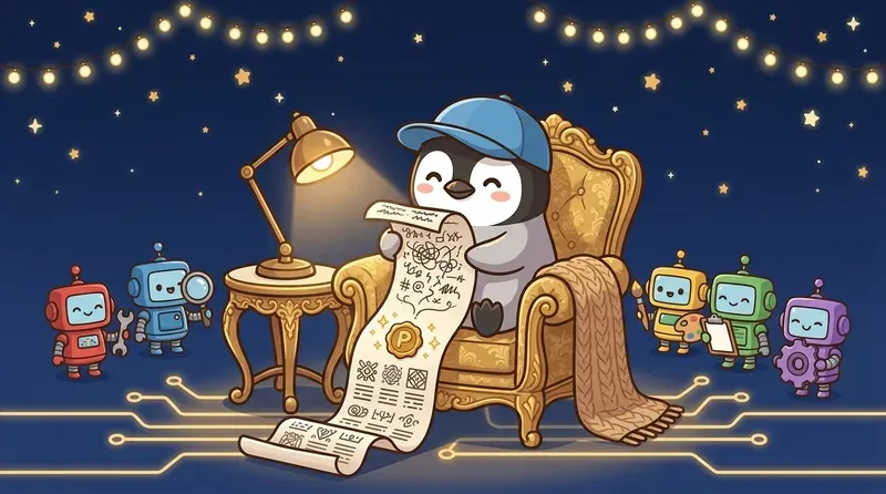 企鵝坐在舒適的椅子上，審閱一卷從混亂逐漸變整潔的長卷軸