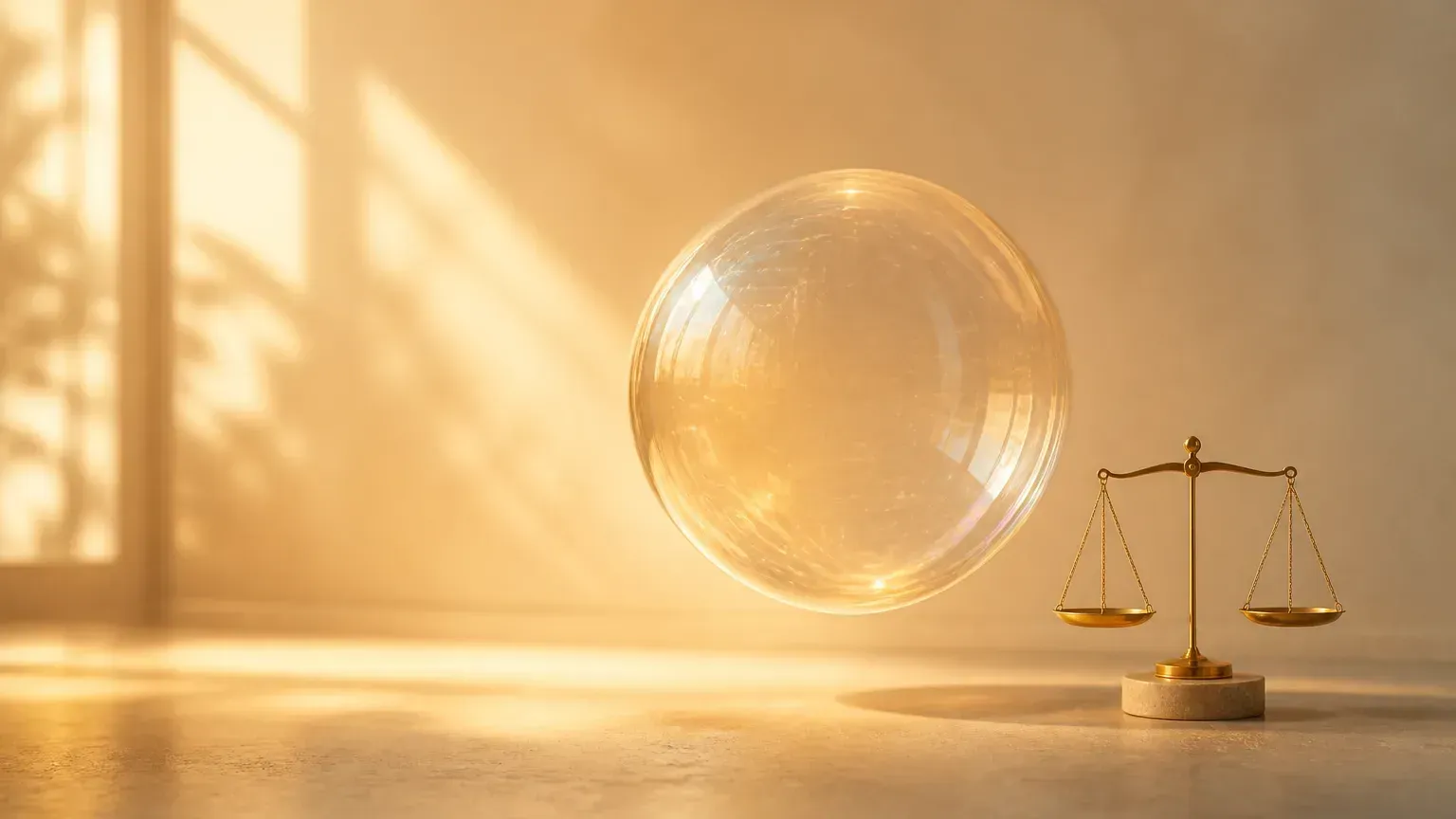 AI 是不是泡沫示意：天平兩端放著資本支出與營收，暖色調，中性不帶方向