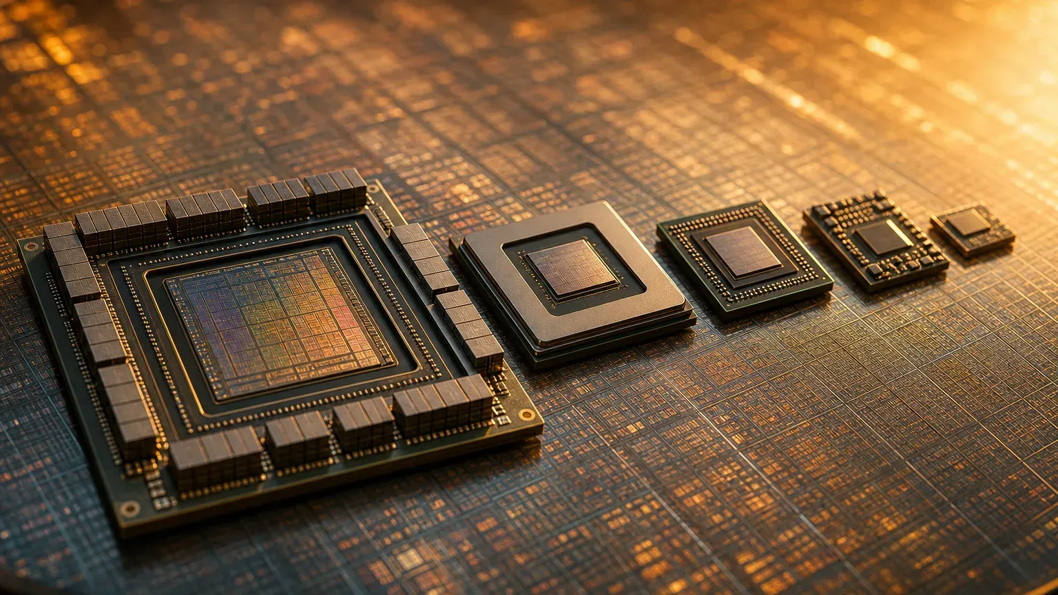 AI 晶片家族示意：GPU、ASIC、NPU 等多種加速器晶片並列，暖色調