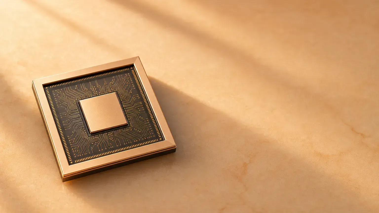 AI ASIC 自研晶片示意：一顆量身打造的精緻客製晶片放在暖色材質上