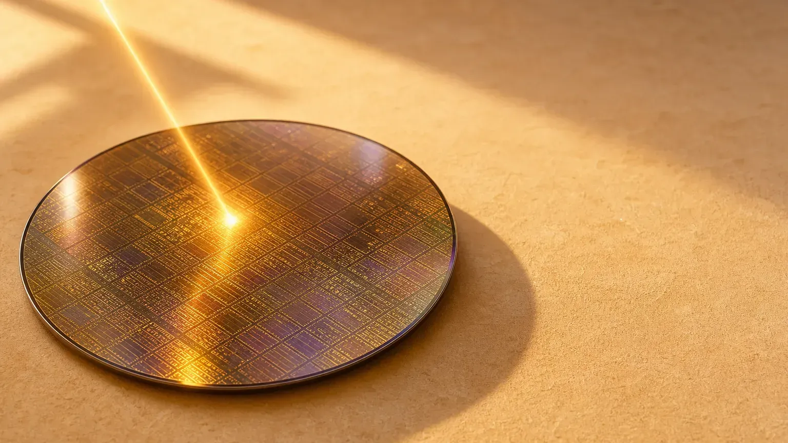 ASML EUV 微影示意：一片鏡面矽晶圓上，一束聚焦的金色光錐打在表面，象徵極紫外光曝光
