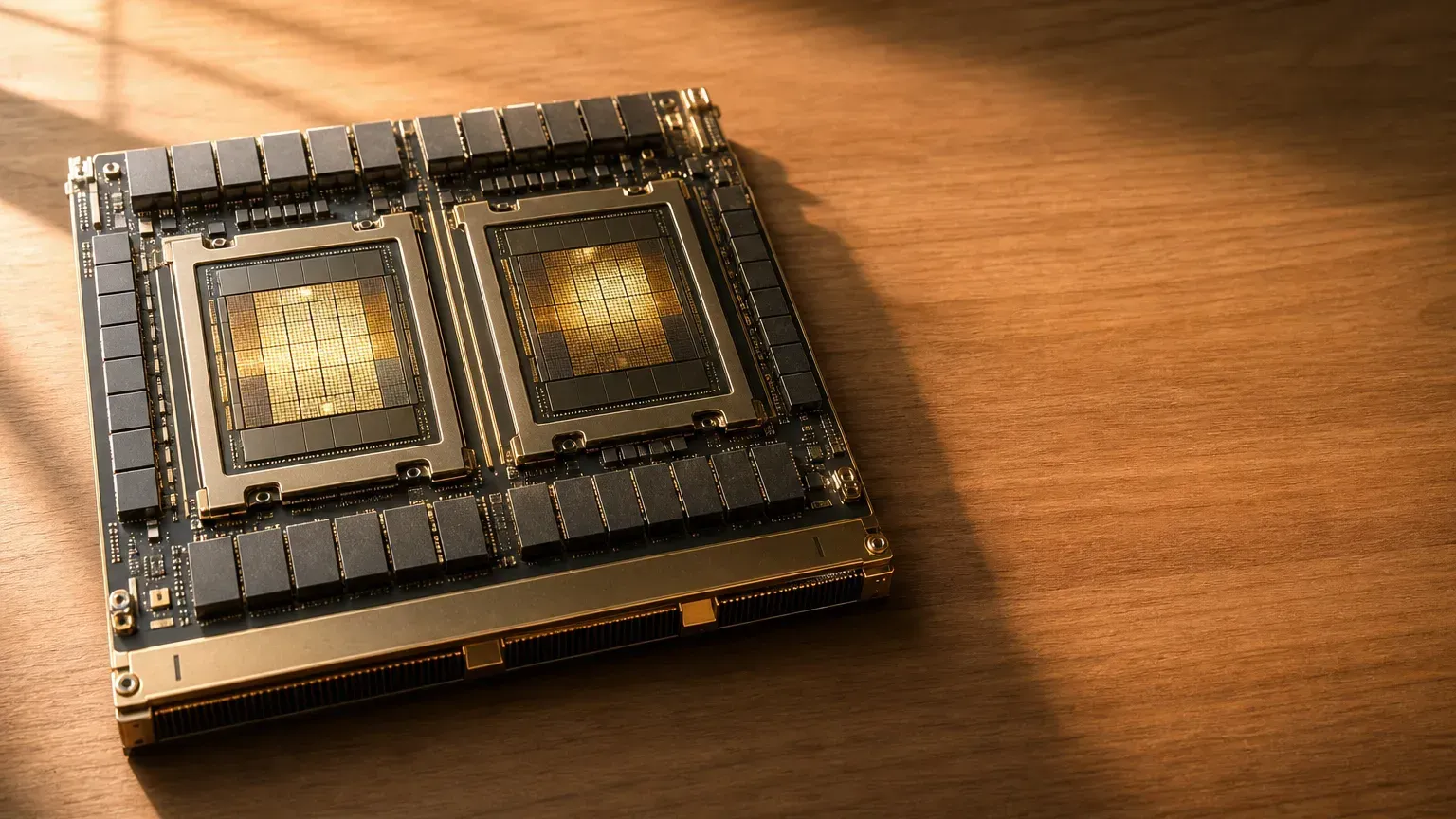 NVIDIA Blackwell AI スーパーチップのイメージ：1枚の基板上に2基の演算ダイを並べ、メモリが取り囲むフラッグシップ・アクセラレータ