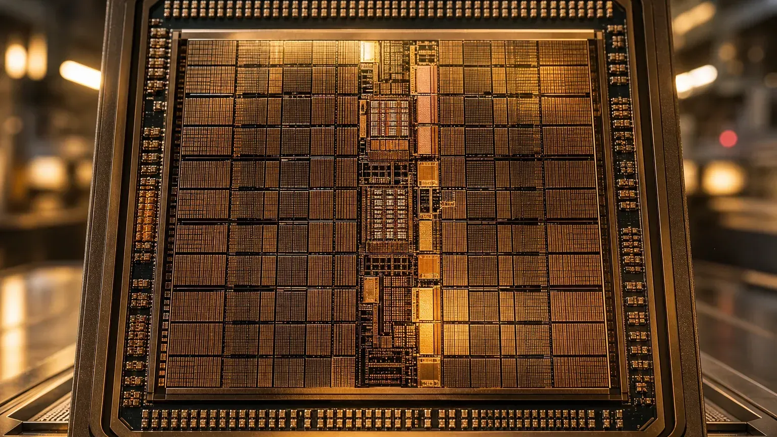 GPU 示意：一顆大型 AI 加速器晶片在暖色光下，周圍環繞密集的運算核心紋理