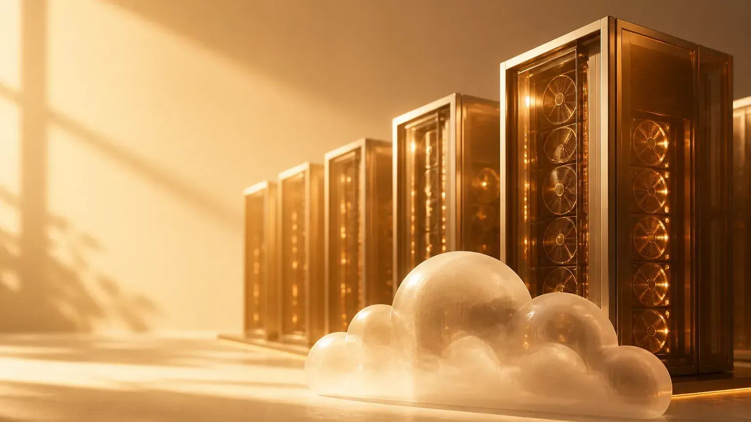 neocloud 算力租賃示意：成排 GPU 伺服器叢集對接 AI 模型公司，暖色調