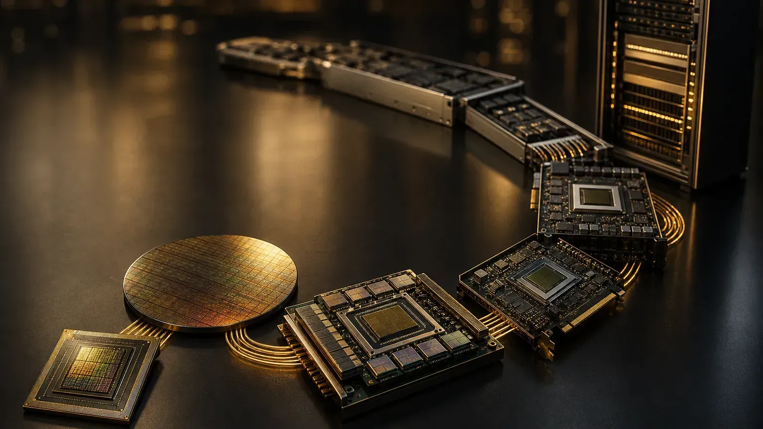 輝達供應鏈示意：從 GPU 晶片、CoWoS 封裝、HBM 到整櫃 AI 伺服器的一條龍，暖色調