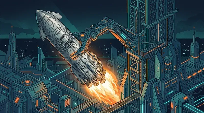 圖三、Starship 與 Mechazilla 塔臂接住系統
