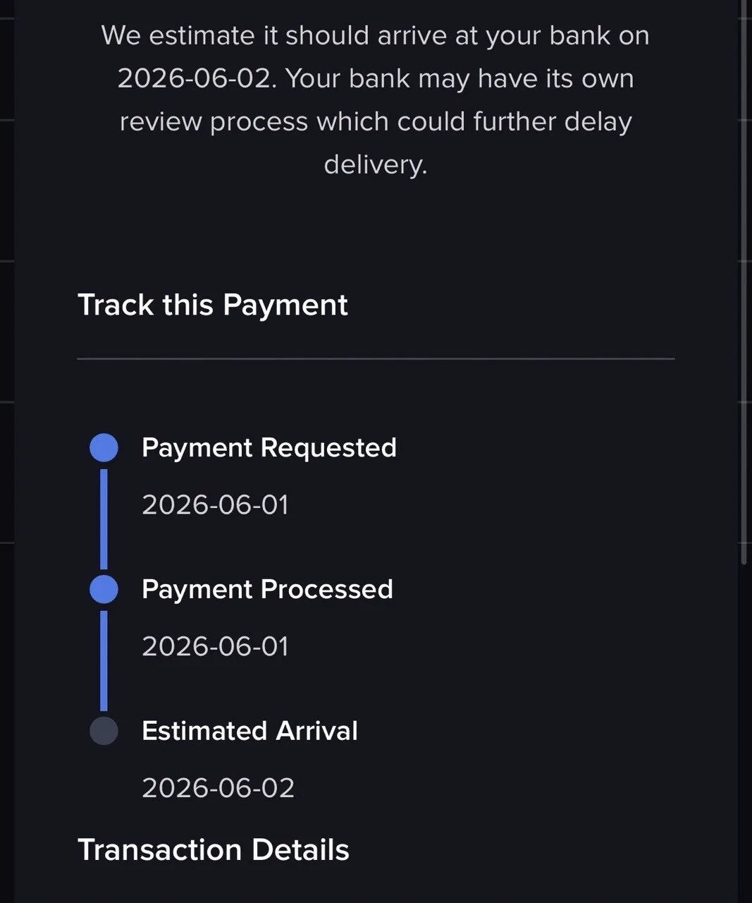 IBKR 出金收據:Payment Requested 2026-06-01、Payment Processed 2026-06-01、Estimated Arrival 2026-06-02,可在 Track this Payment 追蹤