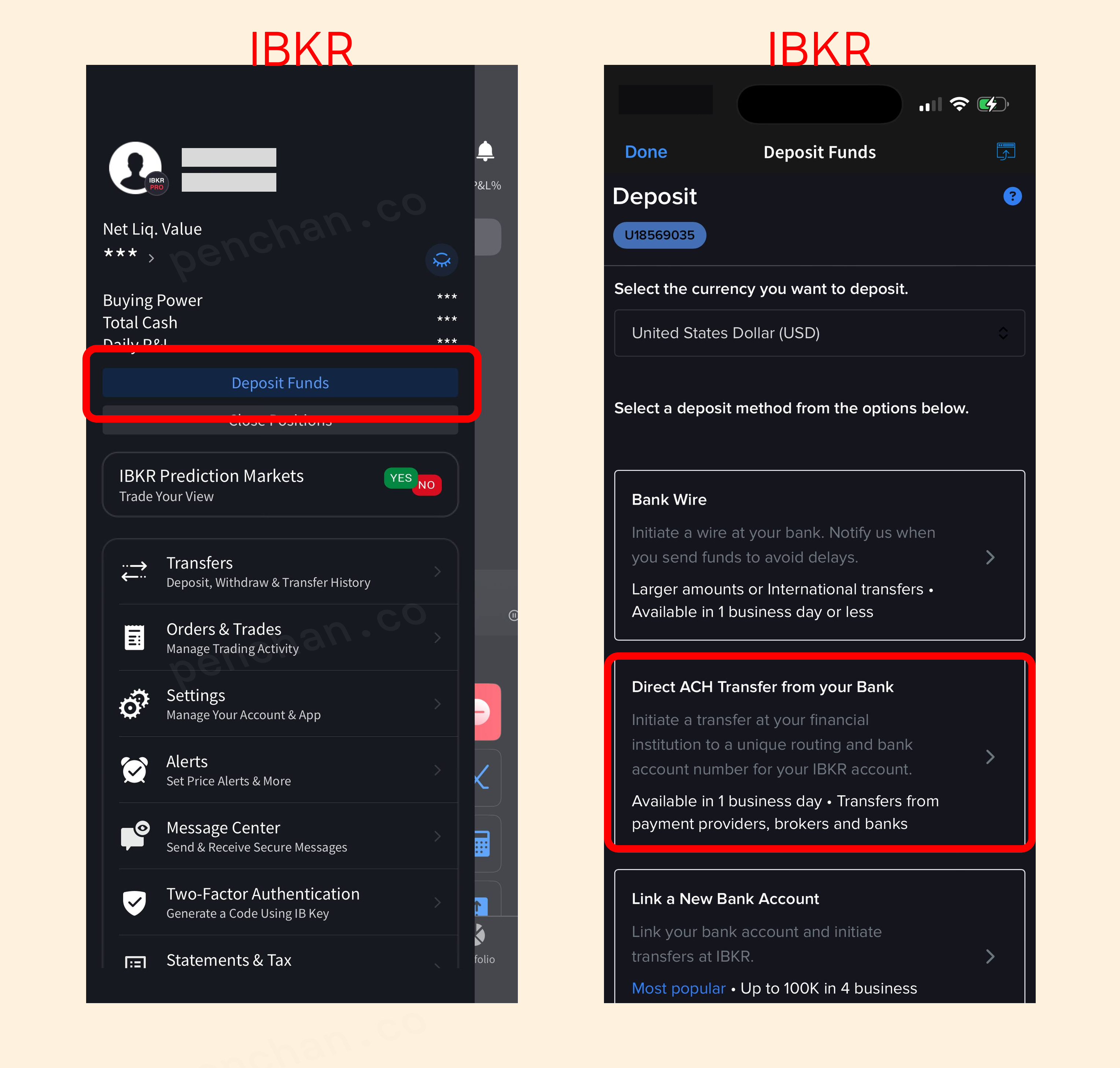 IBKR 操作:Deposit Funds、幣別選 USD、入金方式選 Direct ACH Transfer from your Bank