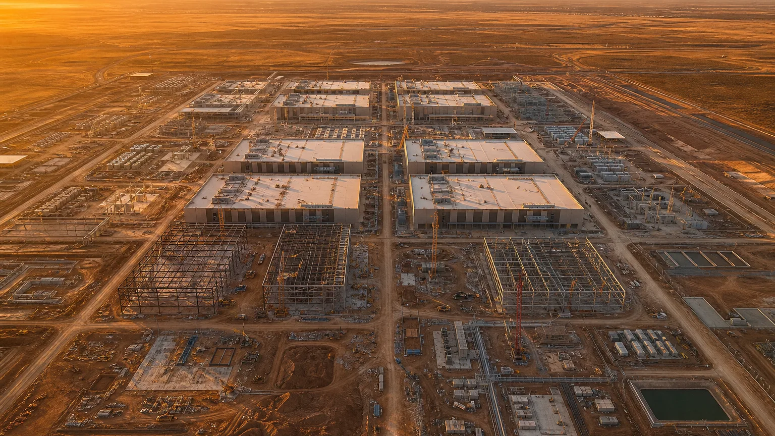 大型 AI 資料中心園區空拍示意,大片廠房與仍在施工的工地