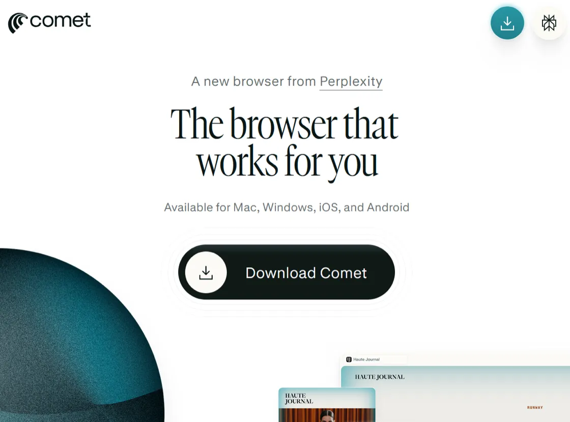 Comet official homepage: "The browser that works for you," a browser from Perplexity, available for Mac, Windows, iOS, and Android (image: Perplexity Comet site)