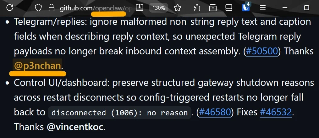 Penchan 在 GitHub openclaw repo 上 OpenClaw 上游貢獻紀錄精選兩則：#50500 Telegram replies 修補與 #46580 Control UI 重啟原因保留。