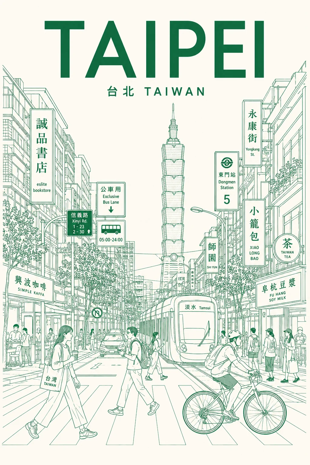 Prompt 6 範例輸出:城市線條藝術海報