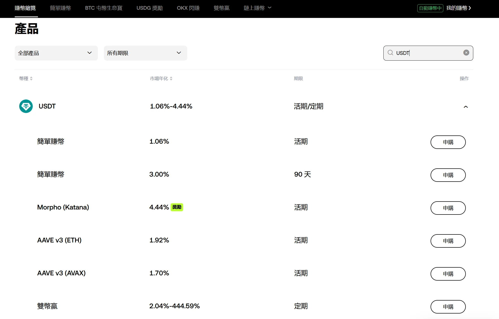 搜尋 USDT 賺幣產品