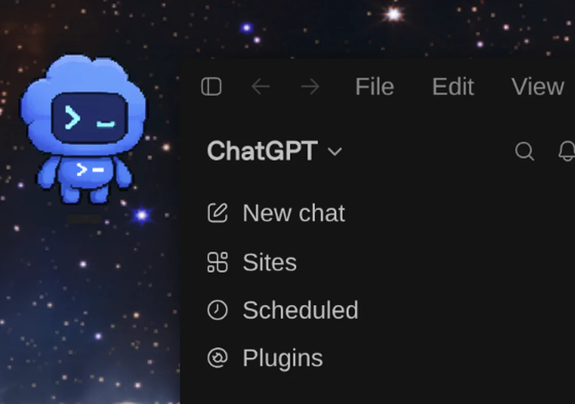 ChatGPT 桌面版左邊浮著預設的藍色 Codex 寵物,右邊是 App 的側邊欄