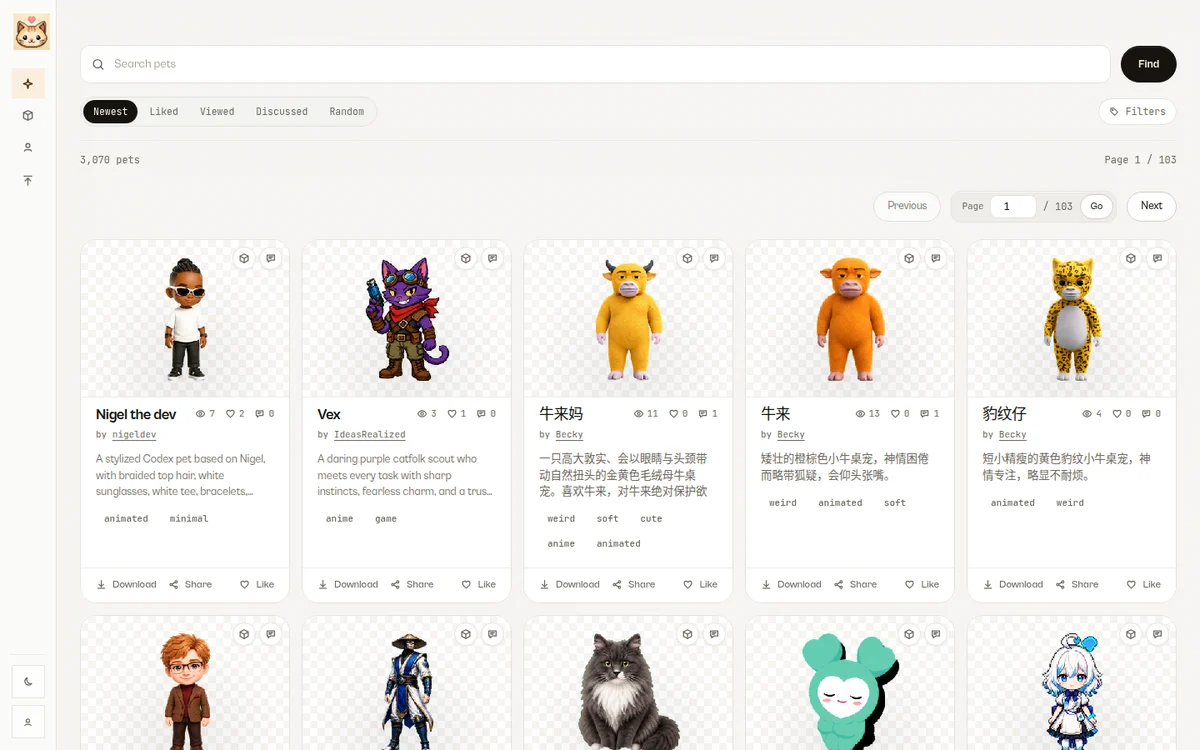 codex-pets.net 首頁的寵物圖庫,每張卡片下面有 Download、Share、Like