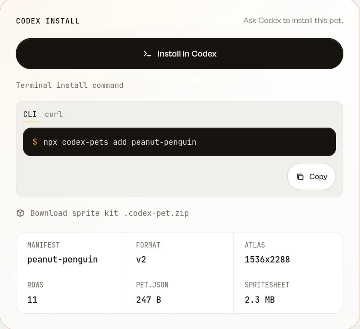codex-pets.net 角色頁右側的 CODEX INSTALL 面板,有 Install in Codex 按鈕、npx 終端機指令、sprite kit 下載連結與規格表