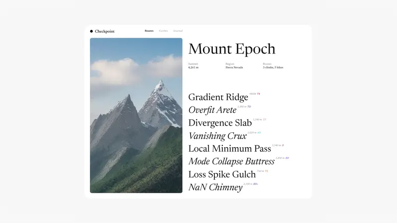 Grok 4.6 官方影片畫面:一份名為 Mount Epoch 的登山路線文件,左側是雪山照片,右側是襯線字體排版的路線清單,版面完整像正式出版品