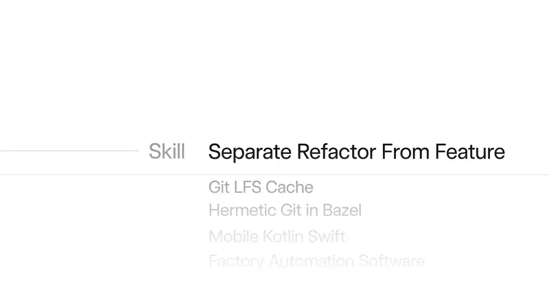 Grok 4.6 官方影片畫面:Skill 技能清單,包含 Separate Refactor From Feature、Git LFS Cache、Hermetic Git in Bazel、Mobile Kotlin Swift、Factory Automation Software 等項目
