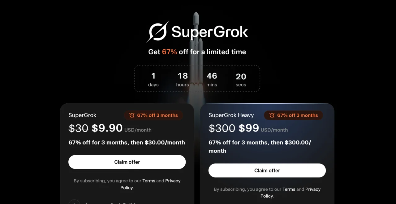 SuperGrok 與 SuperGrok Heavy 訂閱方案（畫面為限時折扣）