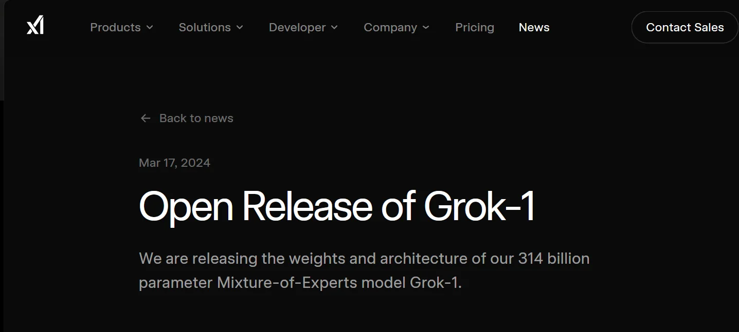 xAI 官方 News 頁面宣布開源 Grok-1：Open Release of Grok-1，釋出 3140 億參數模型的權重與架構