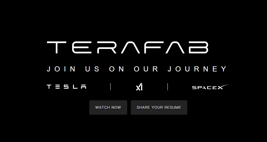 TeraFab 招募頁面:JOIN US ON OUR JOURNEY,下方並列 Tesla、xAI、SpaceX 三家標誌