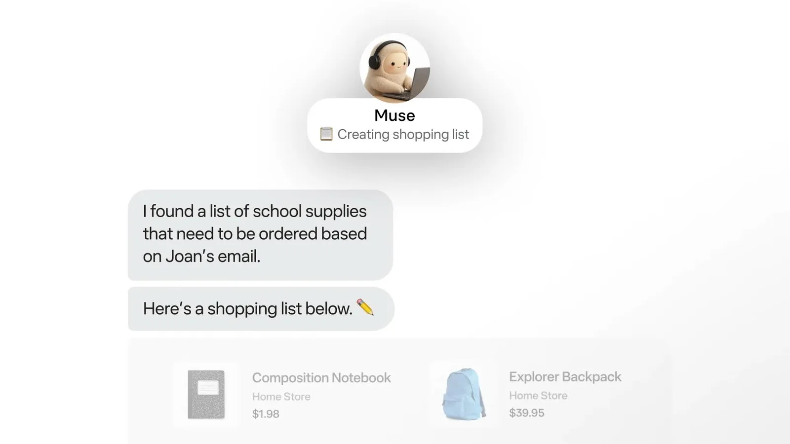 Muse 讀取一封學校信件後自動列出採購清單的示範畫面