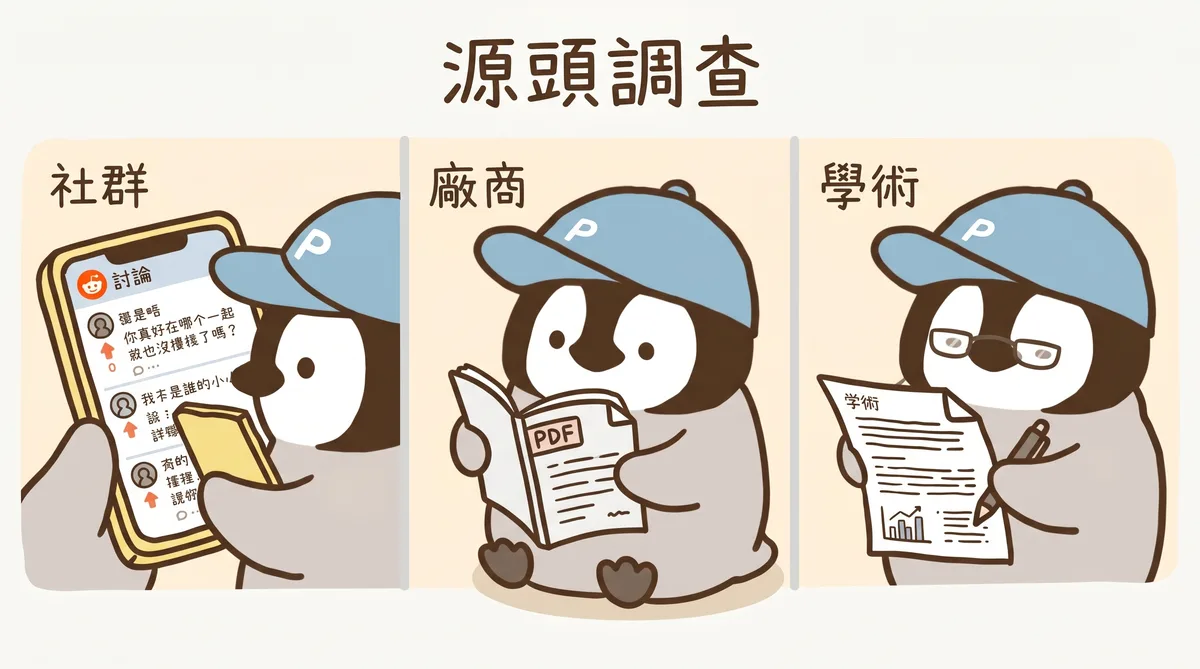 三軌調查：瀏覽 Reddit 論壇、翻廠商技術文件、讀學術論文
